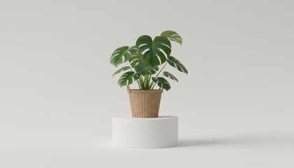 Obraz premium potted Monstera deliciosa on white pedestal.