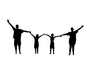 Silhouette of Family of Four Holding Hands in a Row