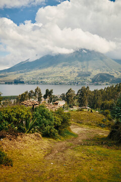 Scenic view of Otavalo town and San Pablo Lake with Imbabura volcano in Ecuador