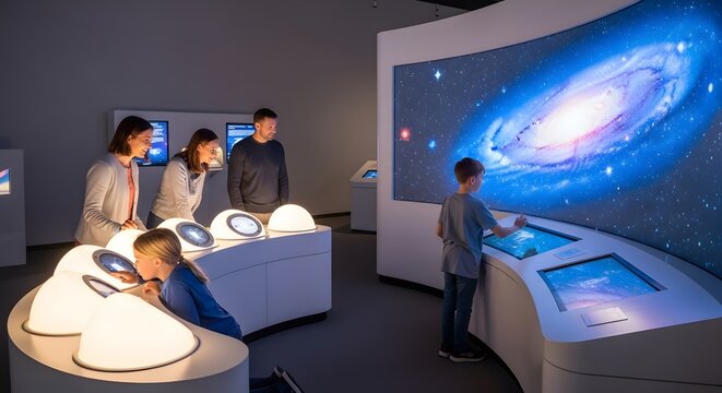 Family and children exploring a modern interactive science museum with a large galaxy display and glowing touch screen exhibits