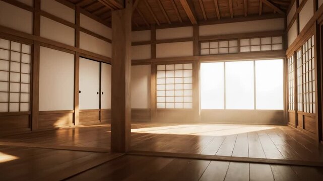 Interior of a traditional japanese dojo or house with shoji sliding screens. Warm morning sunbeams illuminate the empty wooden room creating a calm and zen-like ambiance