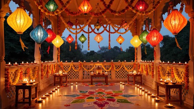 Beautiful diwali festival decorations with colorful hanging lanterns and glowing diya lamps. Traditional indian celebration with rangoli floor art and marigold garlands