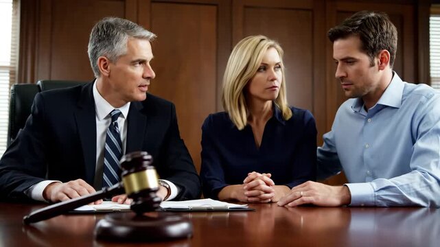 Mature male lawyer consulting with a young caucasian couple in a formal legal office. Sequence showing a serious discussion during a mediation or settlement negotiation