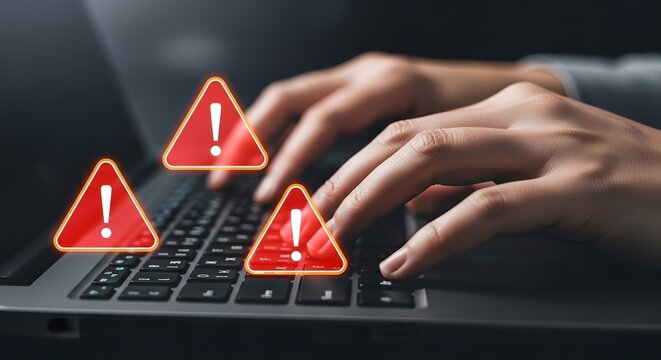 Warning signs on a laptop keyboard being typed on by a person