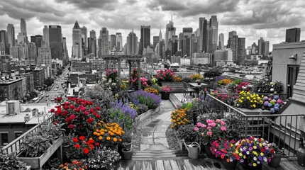 Fototapeta premium Urban Oasis - Rooftop Garden with City Skyline Backdrop.