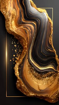 Abstract background features swirling black and gold colors with shimme glitter textures framed elegantly in a thin gold rectangle design.