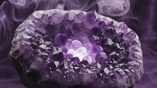 Amethyst crystal geode glowing with purple light and swirling smoke for mystical and spiritual content