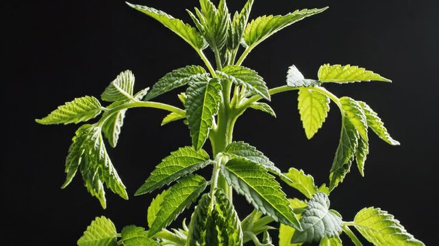 Green herb plant growing and developing on dark background for nature and botany content