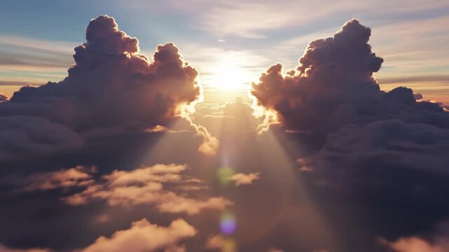 Dramatic sunbeams breaking through towering clouds above aerial cloudscape for cinematic nature content
