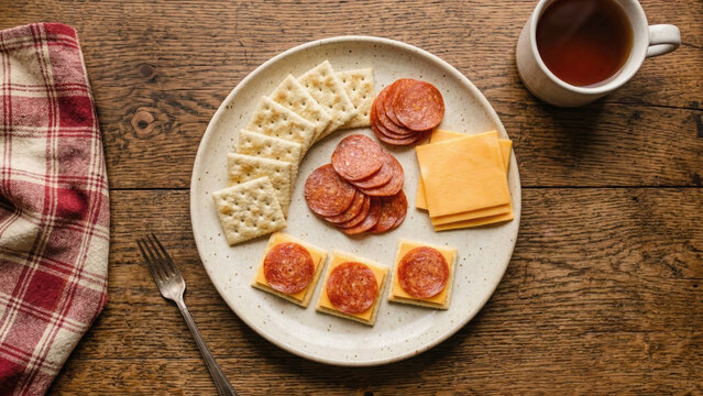 Top-down flat lay of savory snack platter featuring square crackers, sliced pepperoni, and cheddar cheese arranged on a speckled plate over a rustic wooden table with a plaid napkin and mug.