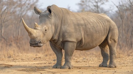 Powerful rhinoceros with thick armored skin standing in the African savanna, a majestic wild mammal.