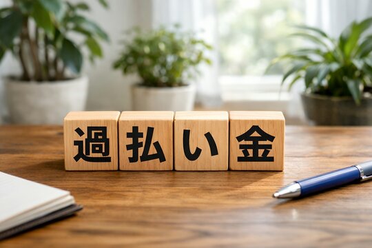 窓から差し込む自然光が明るい室内で木製ブロックの過払い金という文字を見つめるイメージ