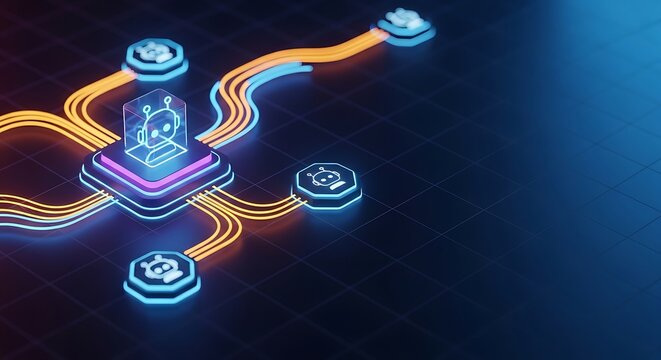 Close up of a high-tech 3D schematic diagram. A glowing node with a robot head icon representing an AI agent, linking to multiple action nodes with bright orange and blue data streams