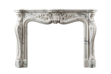 Obraz premium Ornate white marble fireplace mantel featuring rococo carved details, architectural classical element on transparent background