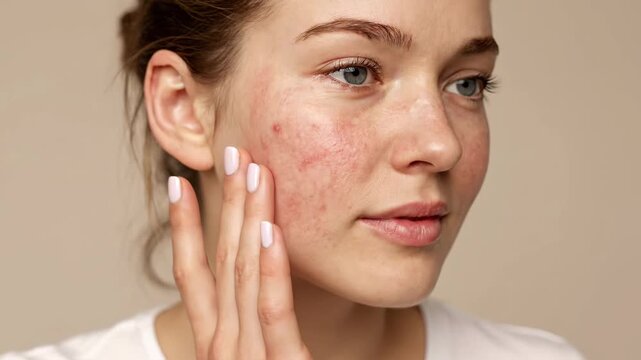 Young caucasian woman with problem skin showing acne and rosacea on her face. Skincare and dermatology concept for sensitive skin treatment and cosmetology procedures