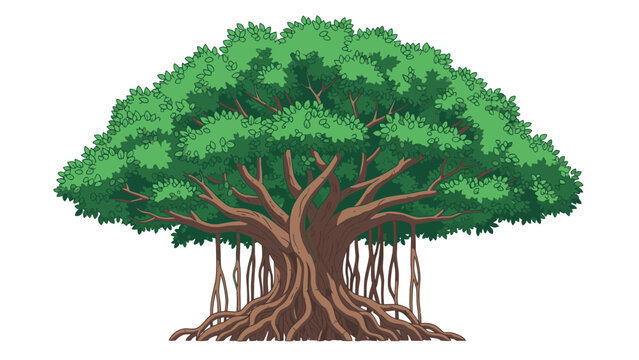 Majestic Banyan Tree with Aerial Roots Vector Illustration, Lush Green Canopy, Natural Beauty, Environmental Concept, Graphic Design Element