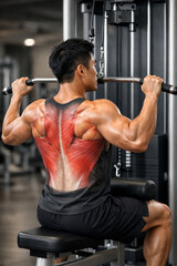 Naklejka premium Man Performing Lat Pulldown With Back Muscle Anatomy Overlay