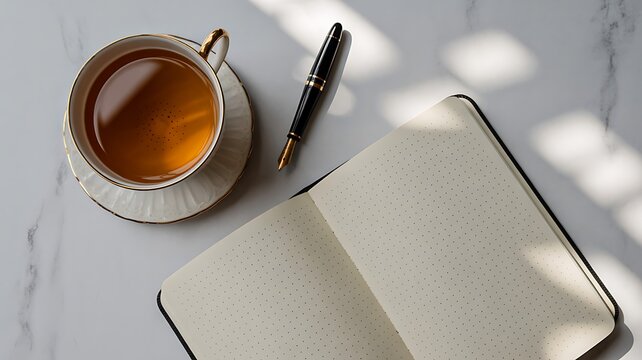 Cup of tea with pen and open notebook on marble desk in natural sunlight workspace scene