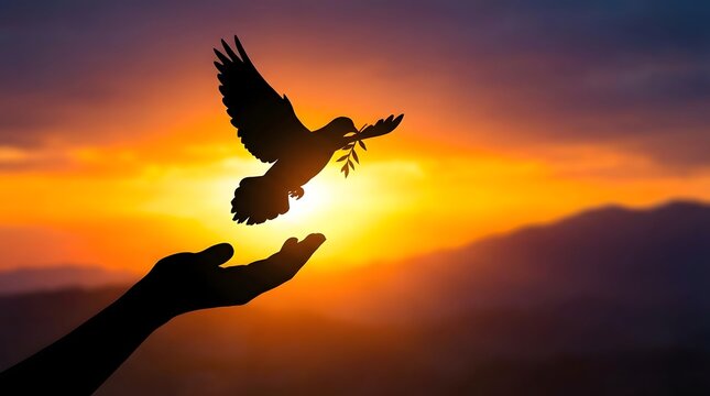 A silhouette of a hand releasing a dove against a beautiful sunset sky, symbolizing peace and freedom