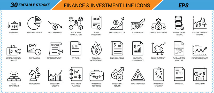 Finance & investment editable line art icon pack. Icon bundle, icon set, web icon, app icon, charts, graphs, money, calculator, banking, documents, analytics, portfolio, trading, budget, savings,