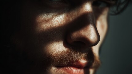Close-up portrait of a man with light and shadow highlighting his features in a minimalist setting to convey an awareness message