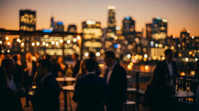 Abstract defocused crowd at a rooftop networking event with golden city lights and skyscraper bokeh during sunset in Chicago