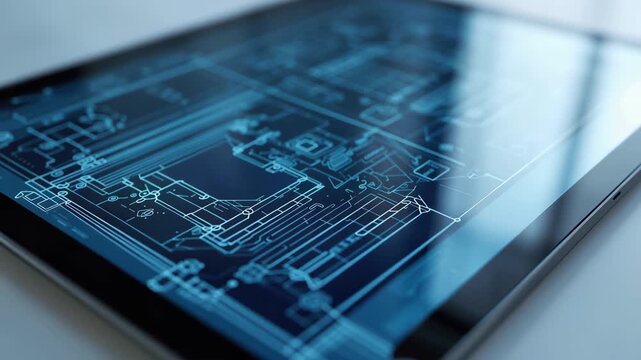 Blue digital architectural blueprint tablet floorplan technical architecture showing detailed