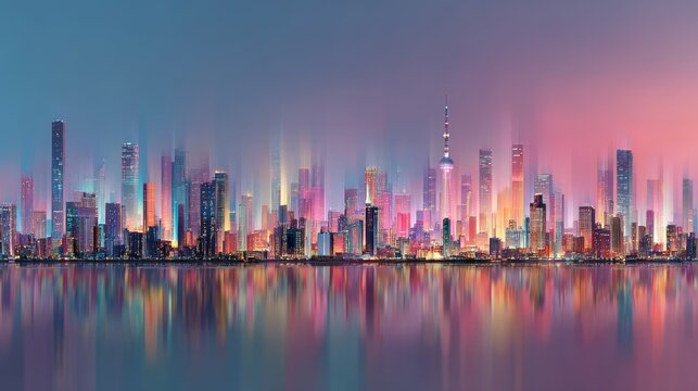 Global city skylines blend for international investment campaign with light gradient sky for text placement in diverse urban scene