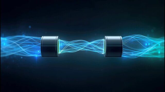 Glowing blue energy connection cable and connector with flowing luminous strands and dynamic