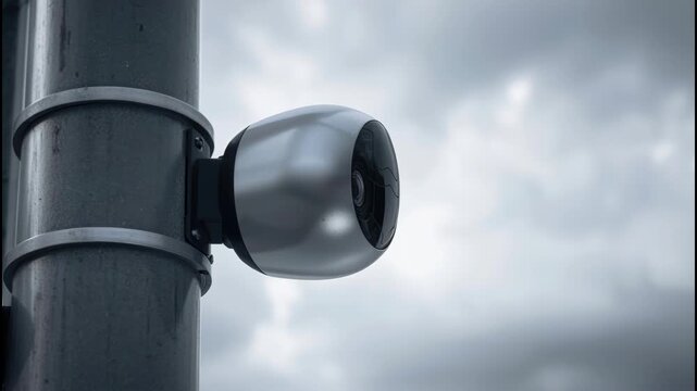 Security camera mounted on pole under cloudy sky metal outdoor surveillance camera moody scene