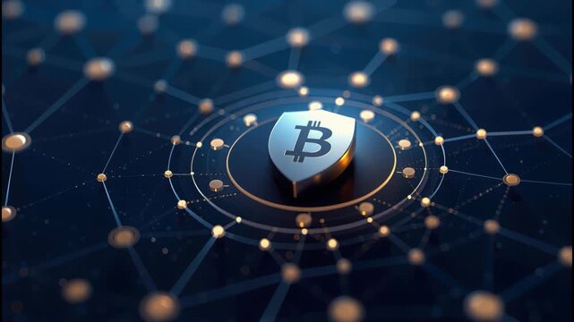 Cryptocurrency security shield network node blockchain emblem with glowing token connections