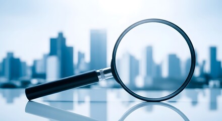 Fototapeta premium Magnifying glass in front of a blurred city skyline