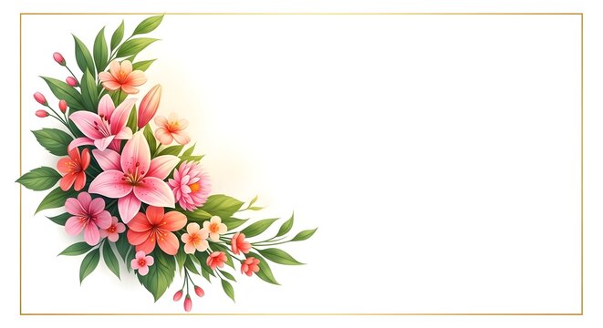 Vibrant floral arrangement on white background with gold border