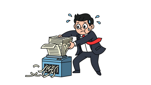 Overwhelmed businessman cartoon shredding documents, symbolizing office stress, paperwork overload, and data destruction.
