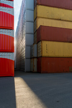 Canada, BC, Delta.  Stacks of shipping containers at terminal.