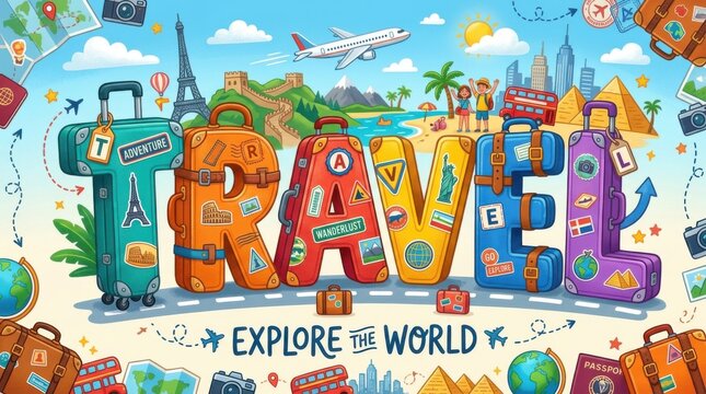 Colorful Travel Illustration with Suitcases and World Exploration Theme.