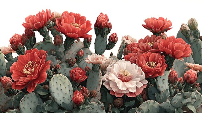 Vibrant red and pink cactus blossoms bloom amidst prickly pear pads, creating a beautiful desert floral landscape against a white background.