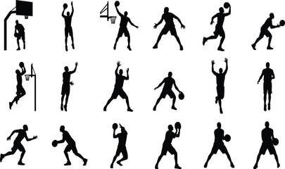 Fototapeta premium Dynamic Basketball Player Silhouettes Showcasing Action Moves Including Dribbling, Shooting, And Holding Ball On White Background
