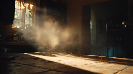 Dust particles dancing in a beam of morning sunlight in a rustic kitchen, Generative AI illustrations.