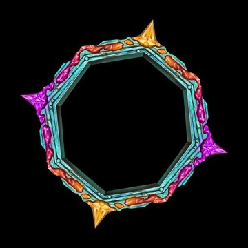 Rotating Octagonal Fantasy Game Frame with Colorful Glowing Crystals Golden Spikes and Intricate Metallic Textures on Isolated Black Background