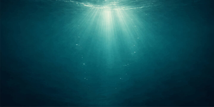 An abstract underwater world loop features deep blue ocean waves and sunlight rays piercing the dark sea surface for a serene marine background