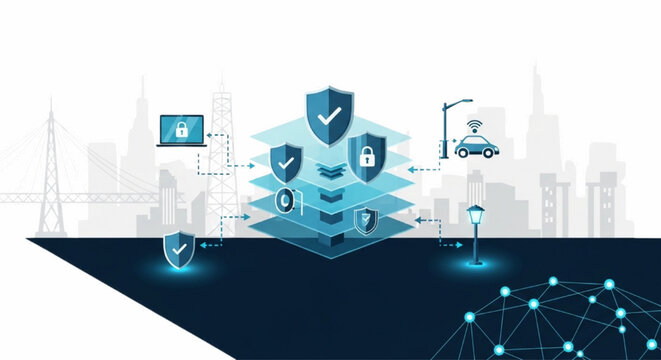 Cityscape with futuristic security layers and digital network
