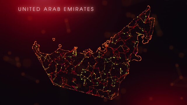 A dynamic motion video showcasing the United Arab Emirates country border through a colorful plexus reveal. Glowing red and orange dots represent high-tech data communication and global digital networ