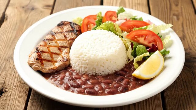 Traditional brazilian dish with grilled pork, rice, and red beans on a white plate. A complete and nutritious lunch meal served with a fresh salad and lemon wedge