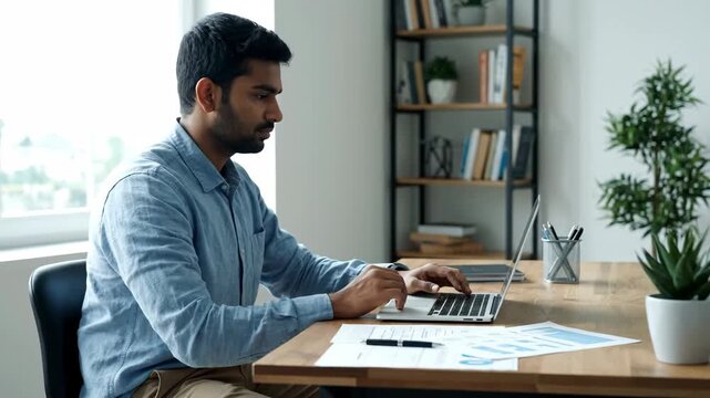 Young adult indian businessman working on a laptop in a modern home office. Focused male entrepreneur analyzing financial data and typing a business report on his computer