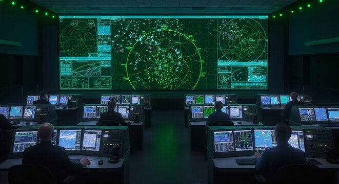 Air traffic control room with operators monitoring multiple screens displaying green radar maps and flight data at night