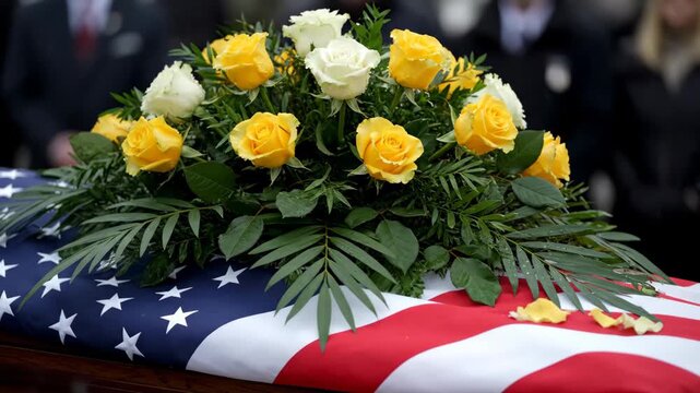 A patriotic tribute with yellow roses on a casket draped in the american flag. Solemn military funeral ceremony honoring a fallen hero's service and ultimate sacrifice