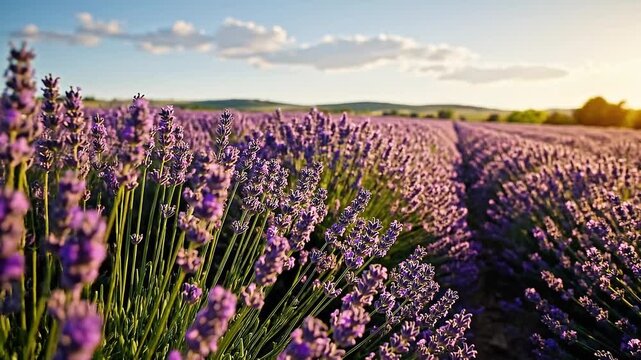 A vast field of blooming lavender stretches towards the horizon under a clear sky with scattered clouds.