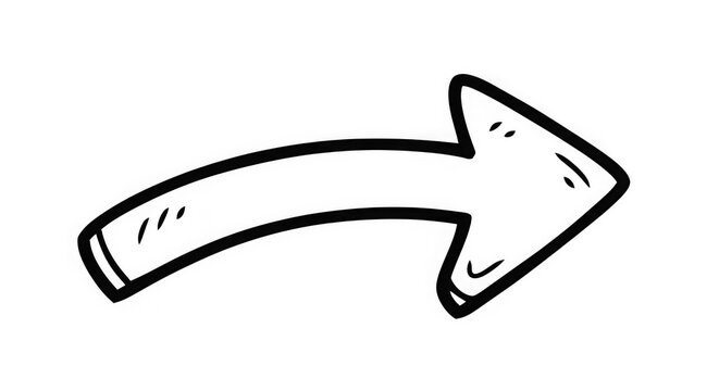 Hand drawn cartoon curved arrow pointing to right side  simple black outline transparent background