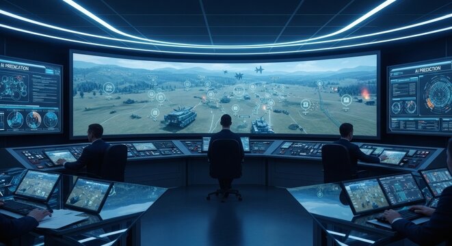 Futuristic command center with people operating advanced technology and monitoring large screen displays in a high tech control room
